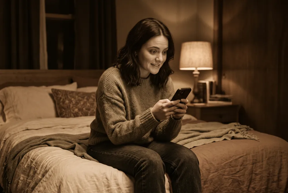 Jeune femme sur le bord d'un lit, téléphone en main