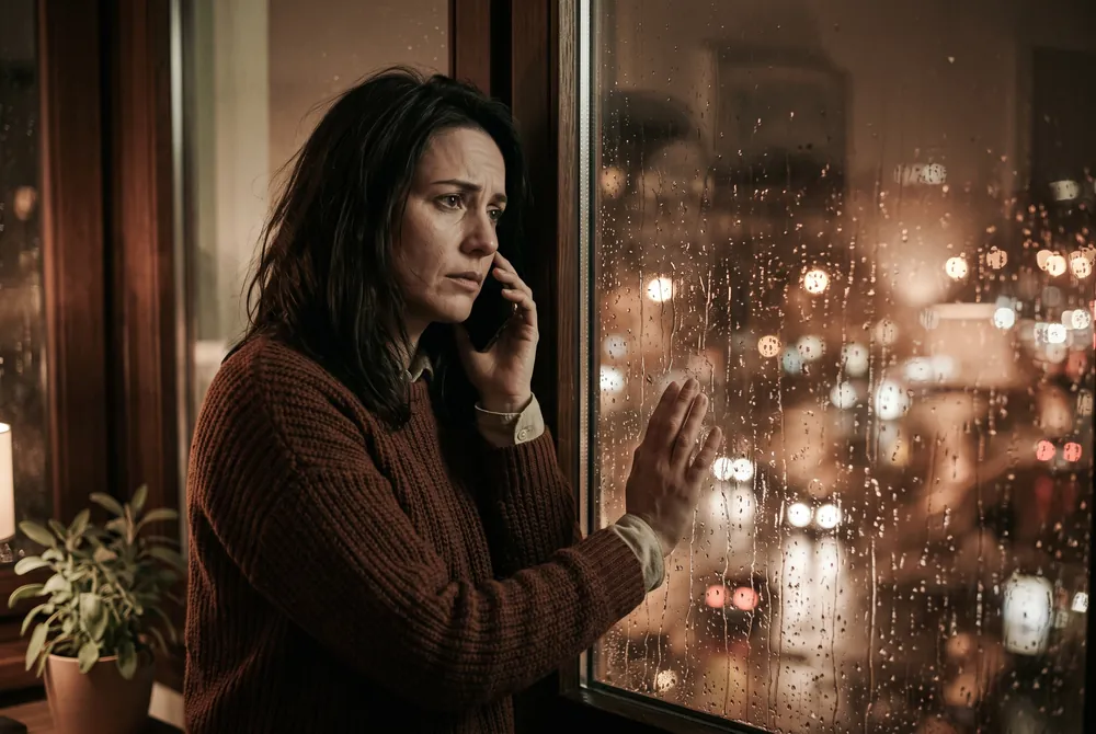Femme pensive au téléphone près d'une fenêtre