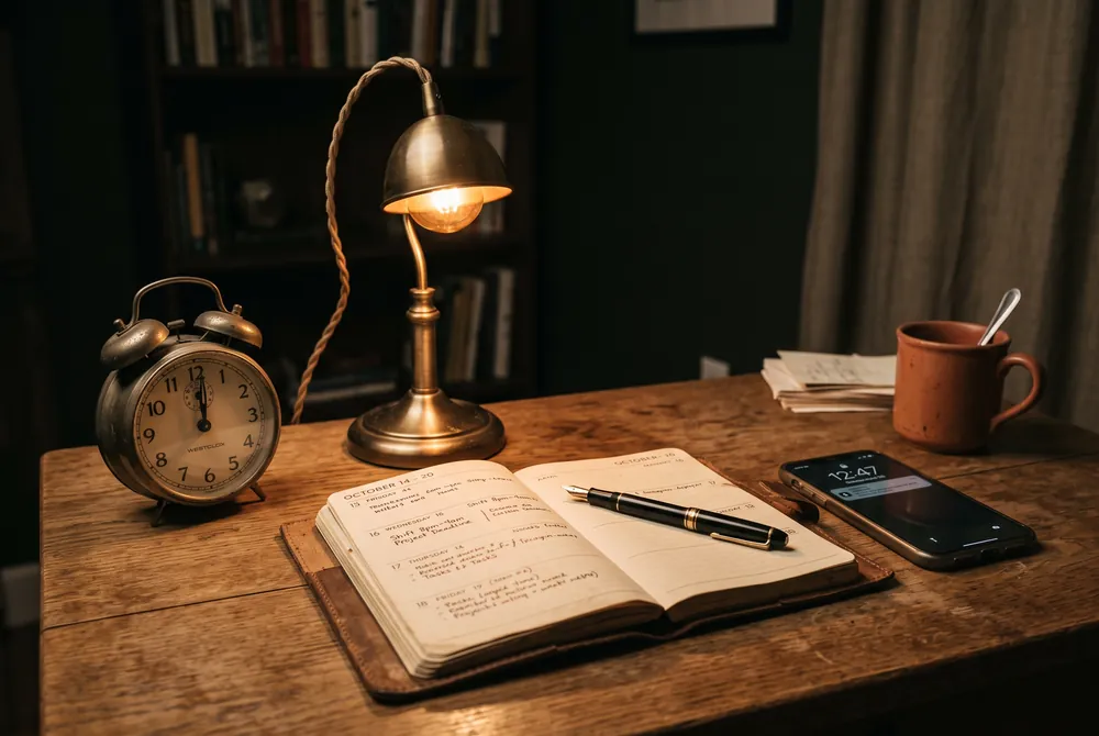 Réveil et agenda sur un bureau la nuit